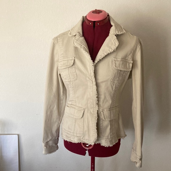 Live a Little Size small tan raw edging jacket 4 pockets 2 buttoned down front. - Picture 1 of 12